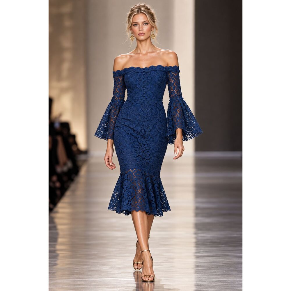 N/Nicholas Octavia Designer Off The Shoulder Blue Lace Corset Midi Dress Size 4